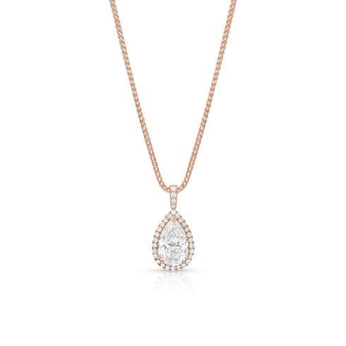 diamond pear halo pendant necklace in 18k rose gold with 22in adjustable length chain<span class='visuallyhidden'>; shop help at 760-978-9297.</span>